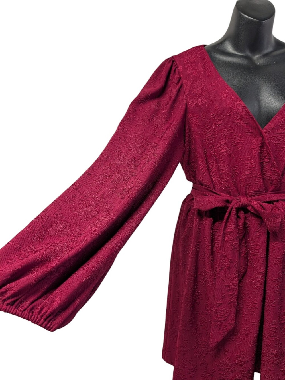 Lulus Burgundy Red Textured Wrap Dress Women's XL Long Puff Sleeve - Picture 4 of 8